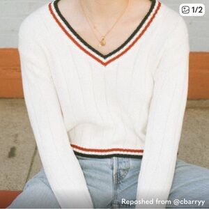 Brandy Melville Cream V-Neck Sweater with Red and Black Trim